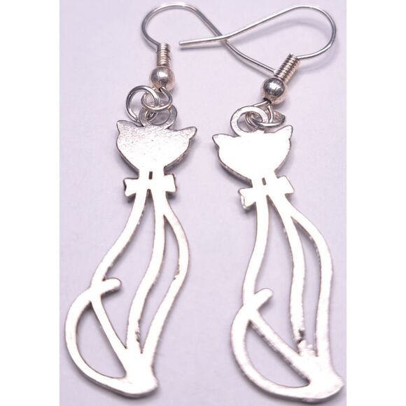Hollow Sophisticat Tall Cat Earrings Ear Rings Silvertone Kitty Kitten Sitting - Picture 2 of 4